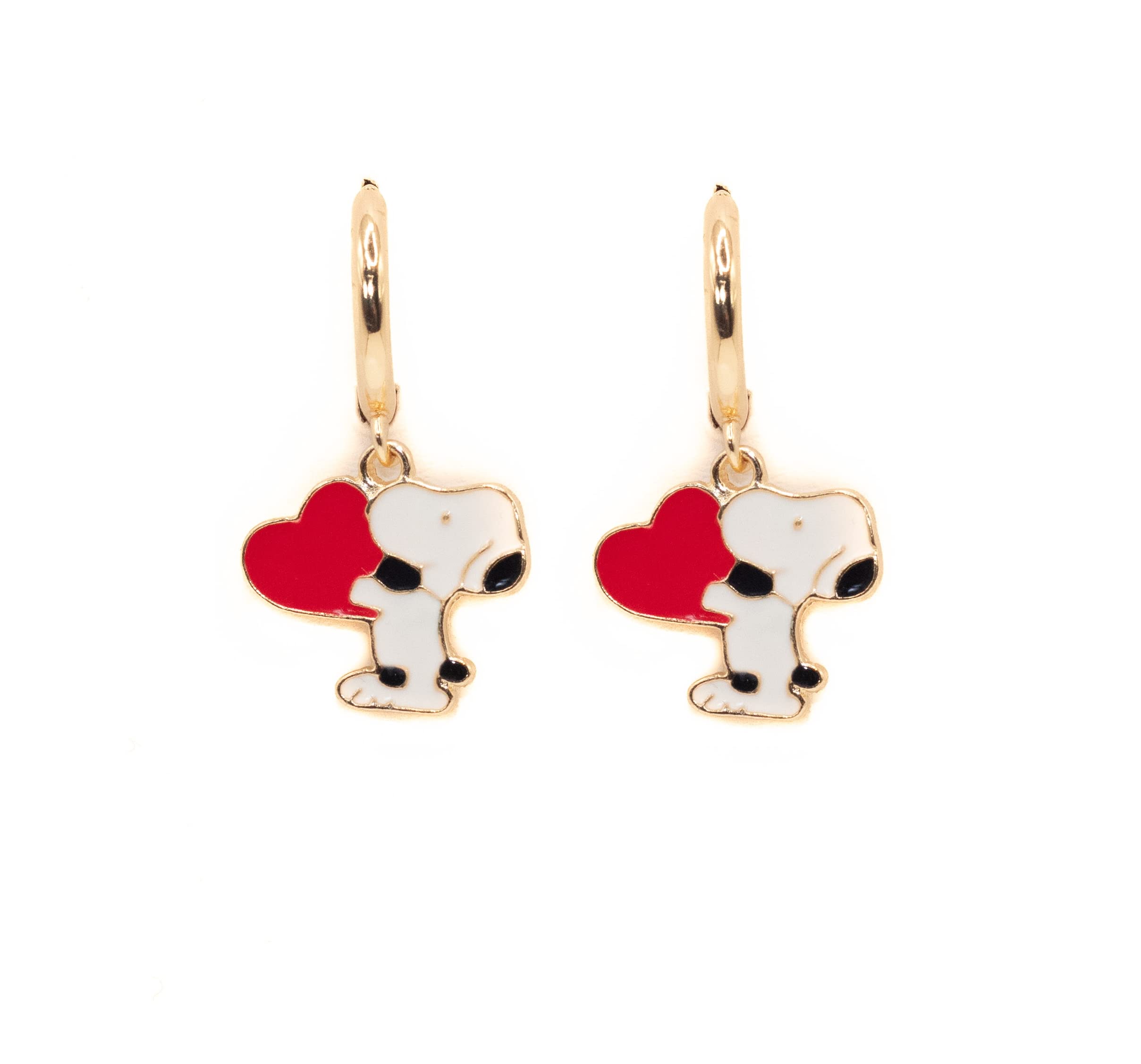 HandmadePendientes snoopi y aro chapado en oro. Pendientes mujer aro con colgante snoopi dorados, pendientes corazon rojo
