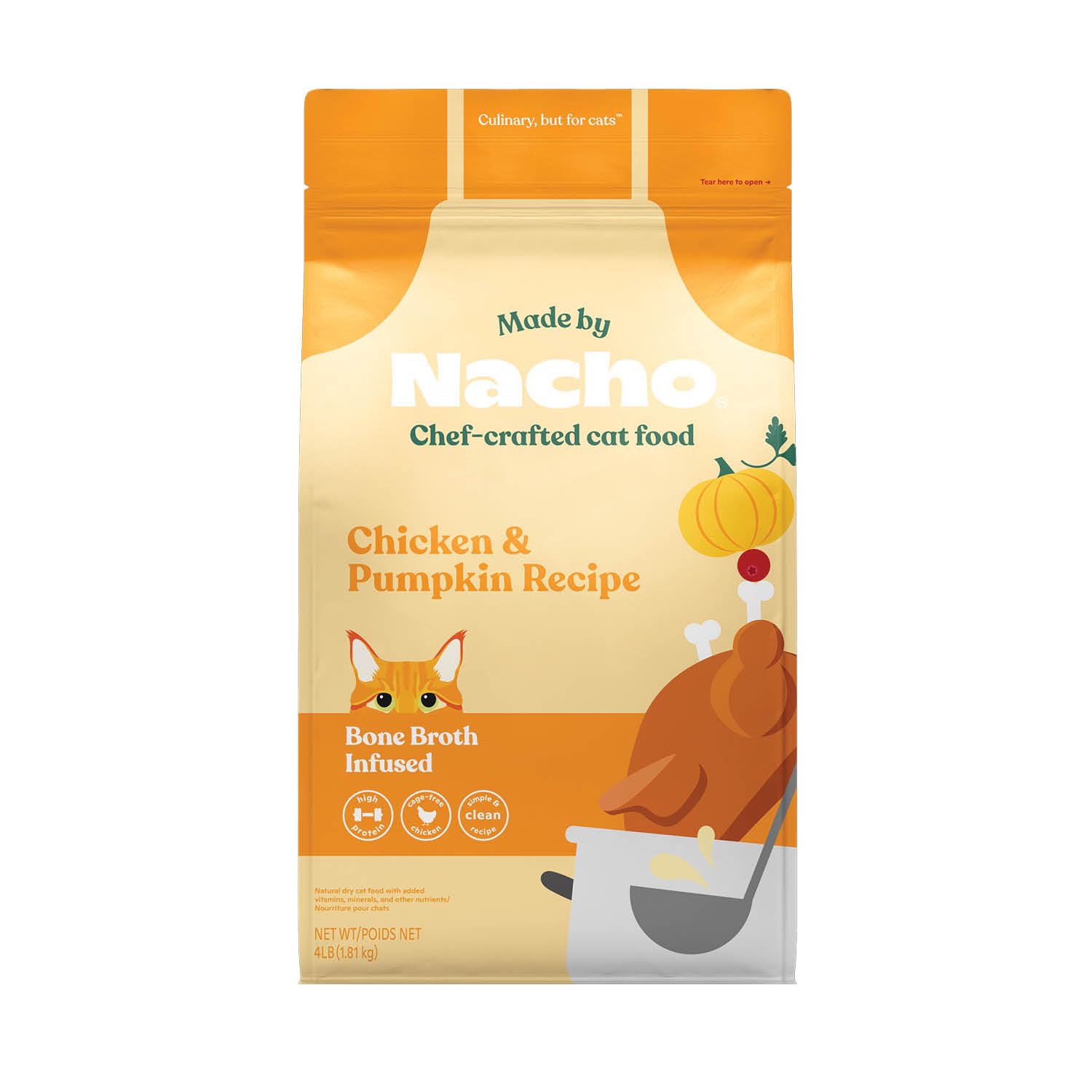 Made by Nacho Dry Cat Kibble 4lb Bag, High Protein and Grain-Friendly Premium Cat Food, Cage-Free Chicken & Pumpkin Recipe, Infused with Bone Broth for Hydration, Limited Ingredients, Single Bag