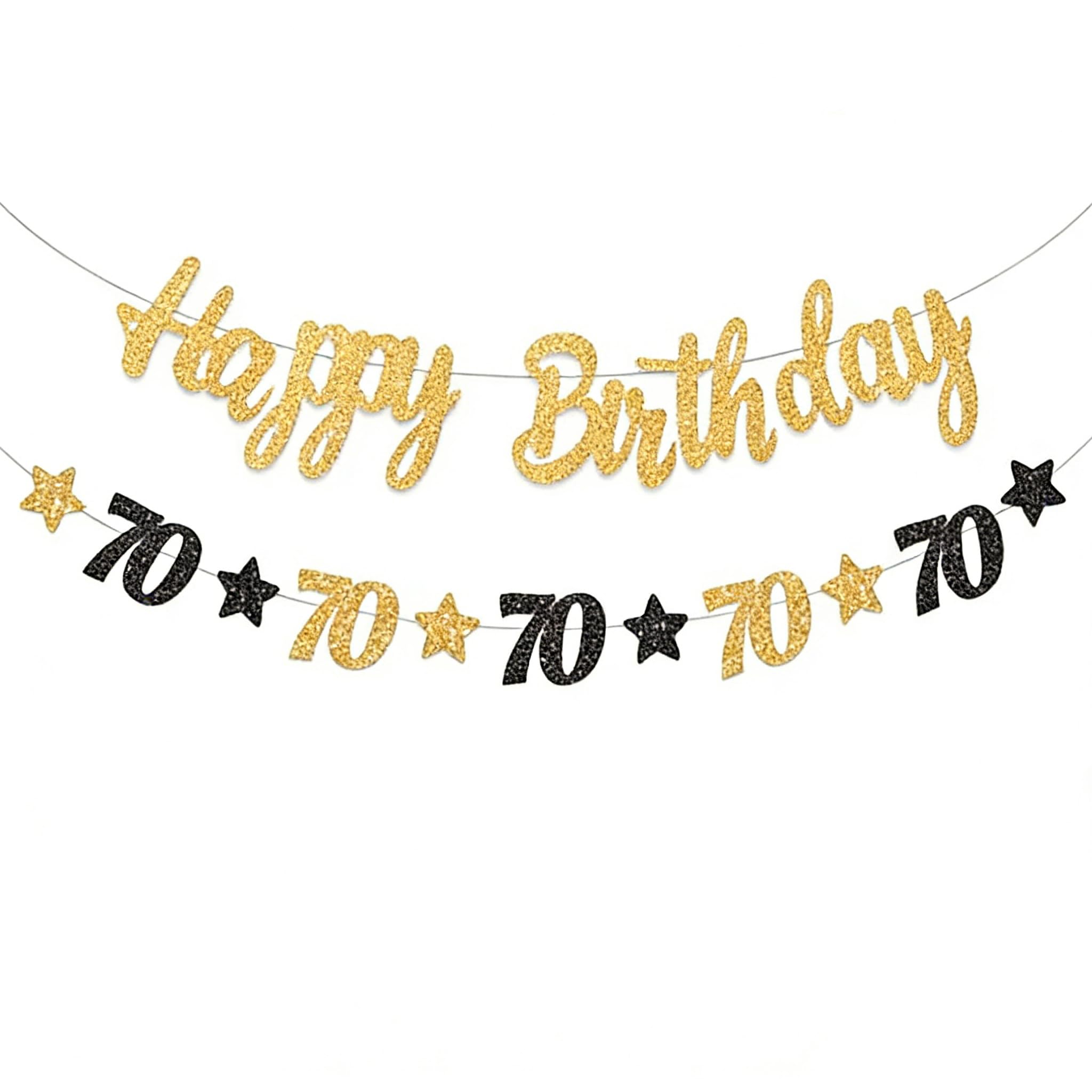 Black Gold Glitter Birthday Banner - Pre-Strung Party Decoration for Women & Men Durable Hanging Banner for 70th Birthday Party Decor