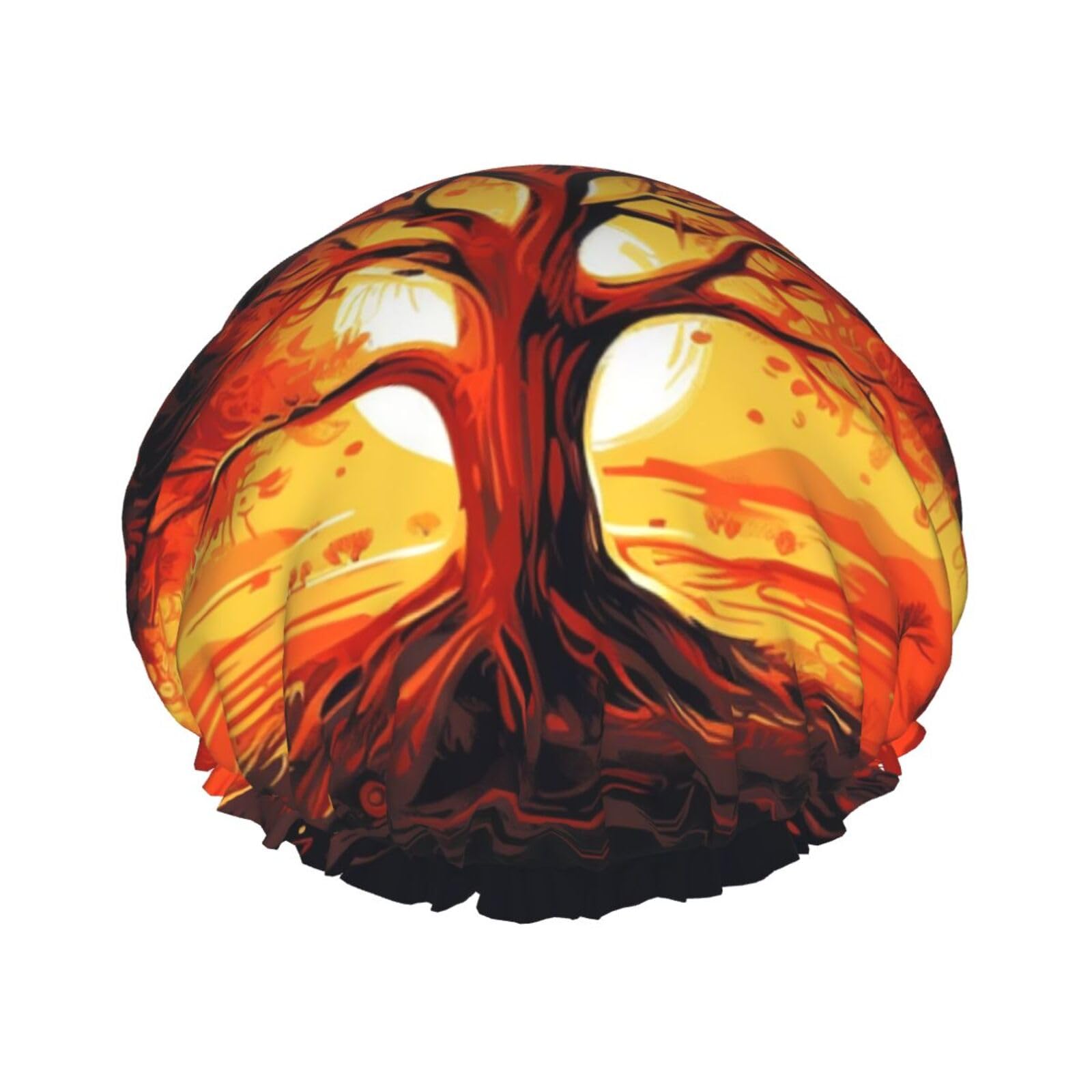 Burning Tree of Life Shower Cap for Women Reusable Waterproof Shower Bonnet Washable Elastic Band Bath Hair Hat Double Layered Bath Cap Extra Large for Long Hair