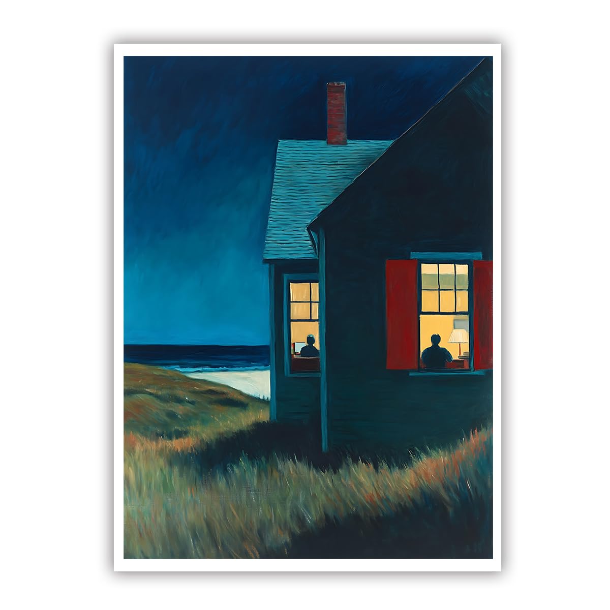 SHENGPOSTER Night Seaside House Canvas Prints Wall Art Lonely Beach Scenery Wall Prints for Living Room Bedroom Coastal Cottage Home Decoration Frameless 60x80cm