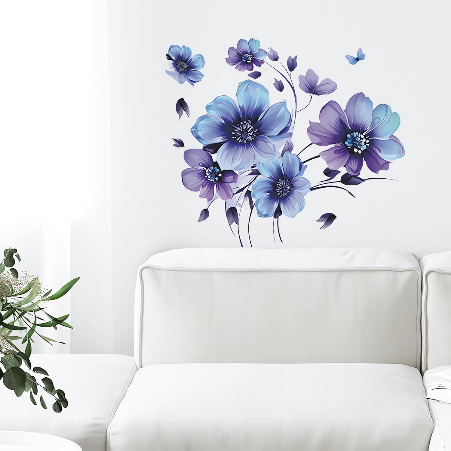 Blue-Purple Ink Daisy Violets Flower Wall Stickers, sacinora Butterfly Floral Art Wall Decals Removable Vinyl Peel and Stick for Living Room Bedroom Nursery Children's Room Decorations - Image 4