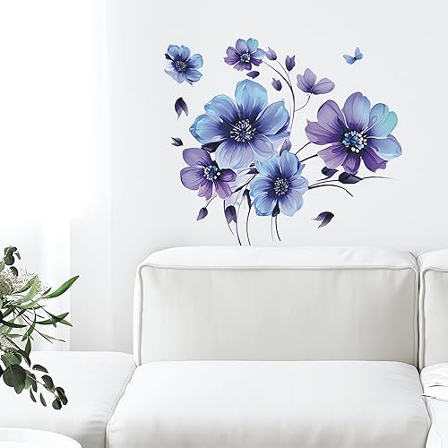 Miniatura 4 de Adhesivos de pared de flores de margaritas de tinta azul-morado, diseño floral de mariposa de sacinora calcomanías de pared removibles de vinilo