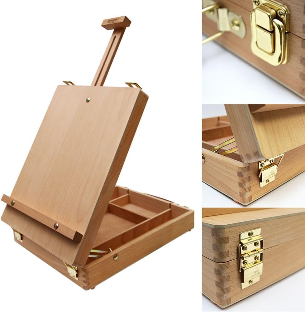 Caballete de madera, caballete de mesa con maletín de madera de haya, caballete 2 en 1 y caja de almacenamiento para artistas, adultos y estudiantes, estable marca y caballete, plegable y ahorra