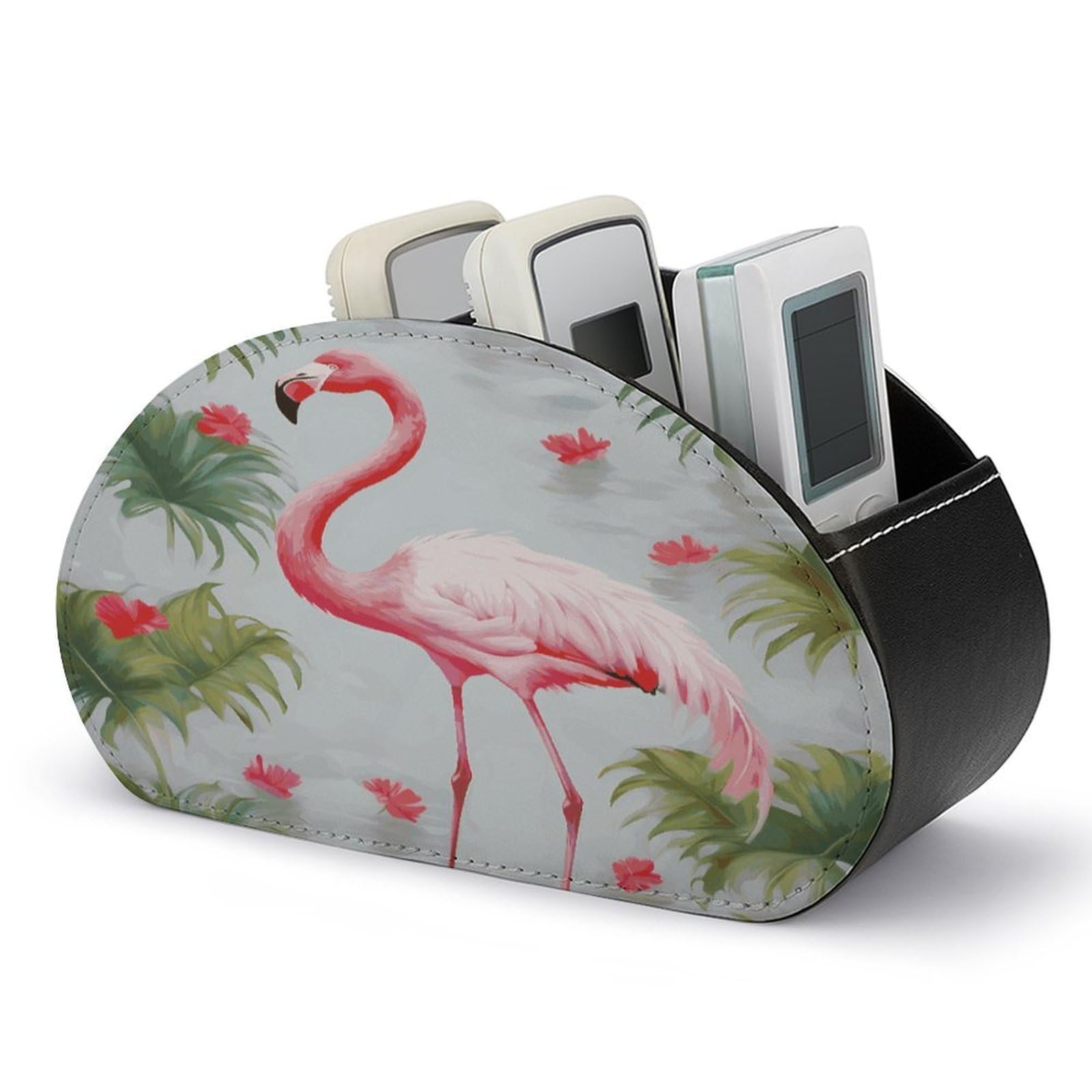 FekiLoot White Flamingo Remote Control Holder, PU Leather Remote Control Organizer Box Stationery Remote Control Box Desk Storage Organizer for DVDs,Glasses,Pens,Media Players