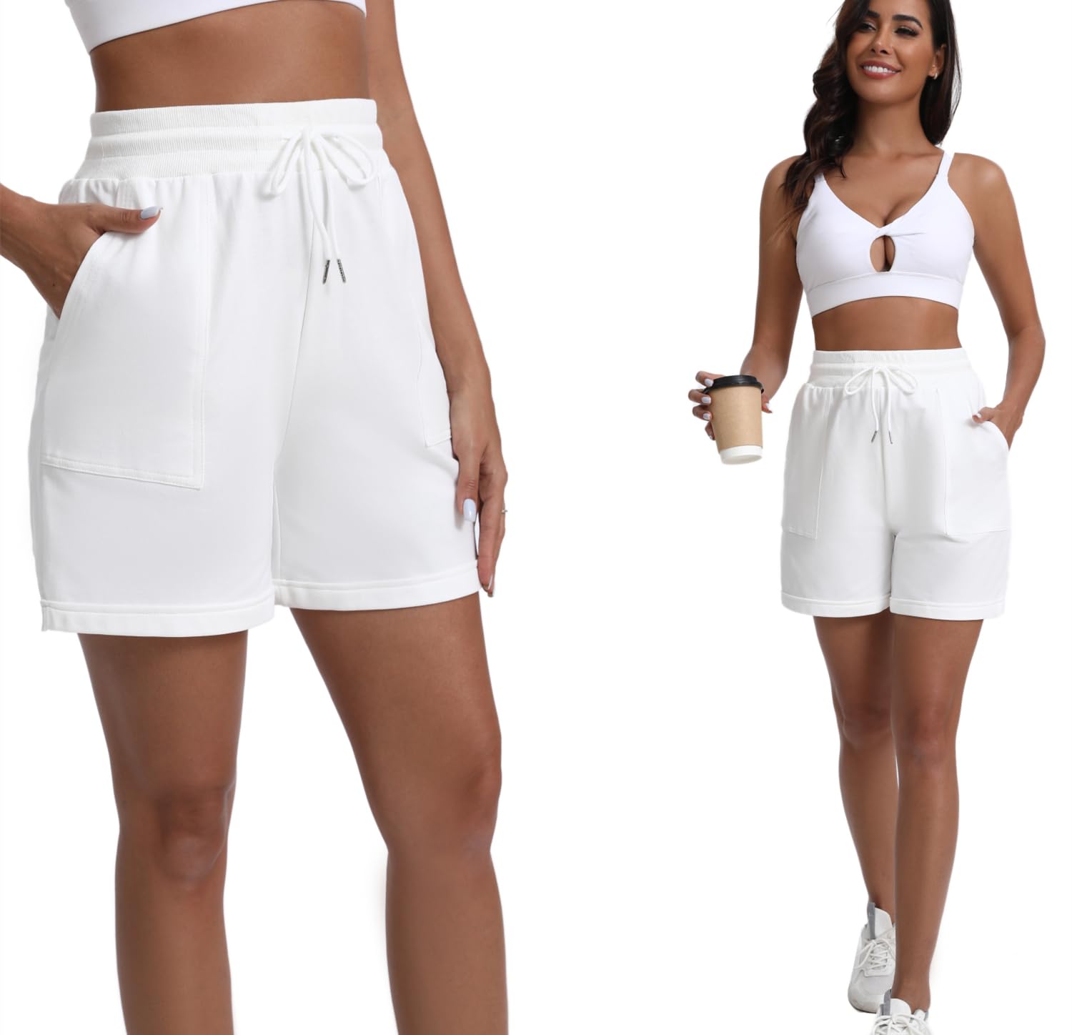 Shorts de Sport Femme 100% Cotton Pantalon Court Été Taille Haute Respirant Short avec Cordon Élastique et Poches pour Yoga Fitness Gym Jogging