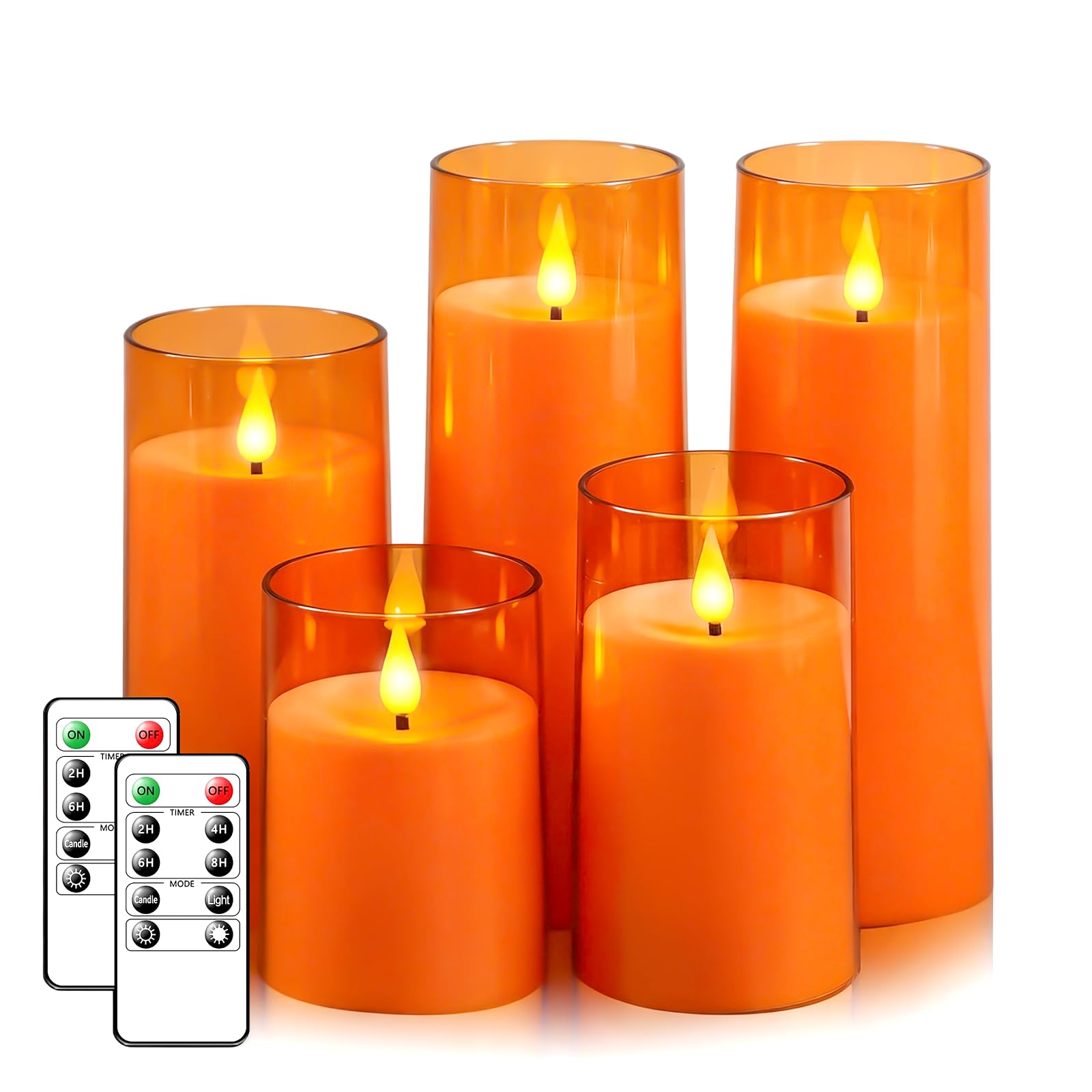 Fo32won Candele a pilastro a LED senza fiamma, a batteria, con timer remoto, confezione da 5 candele in acrilico tremolanti 3D per autunno, Halloween, Ringraziamento, Natale, decorazione per camino