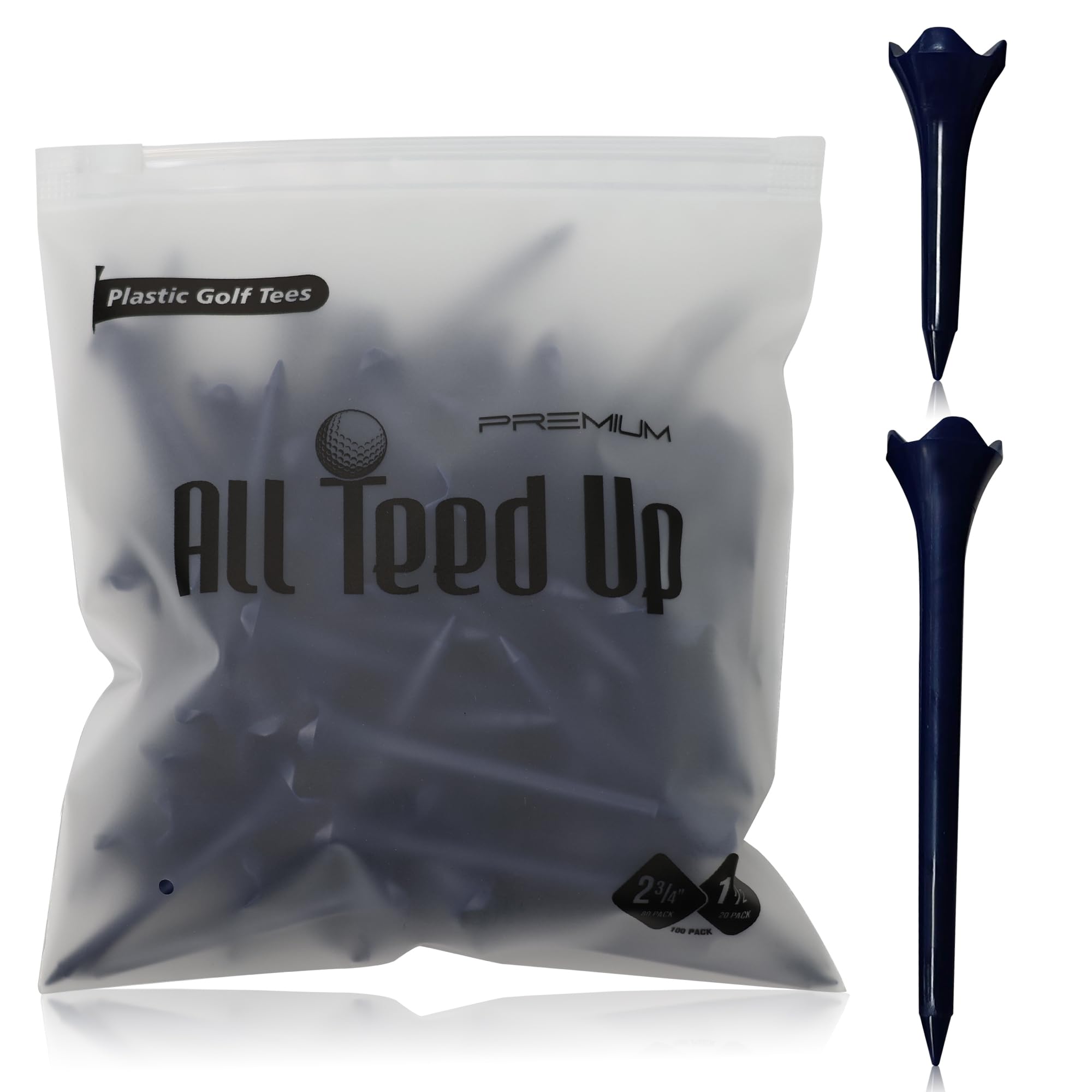 Premium Plastic Golf Tees - 100 Navy- 2.75 & 1.5 Inch Plastic Combo Pack