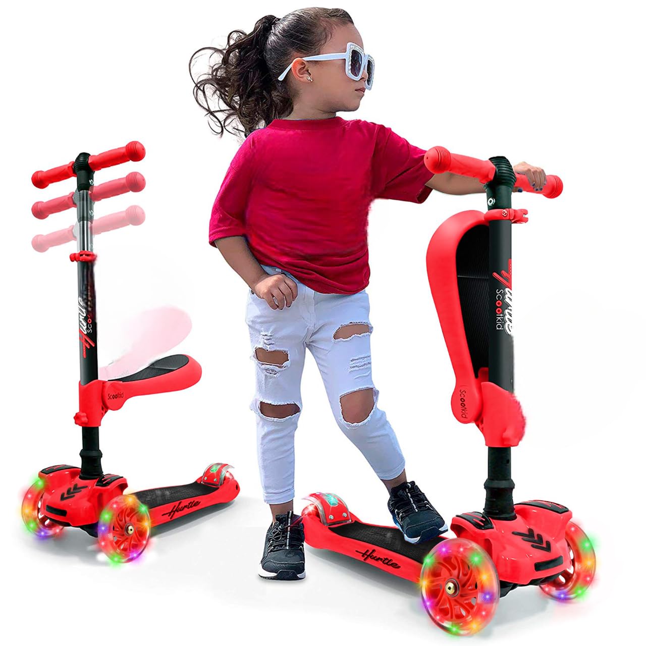 Hurtle Patinete de 3 Ruedas para niños, 2 en 1, Sentado/de pie, con Asiento Plegable, Altura Ajustable, Puente Ancho, Intermitente, para niños de 1 año HURFS56 (