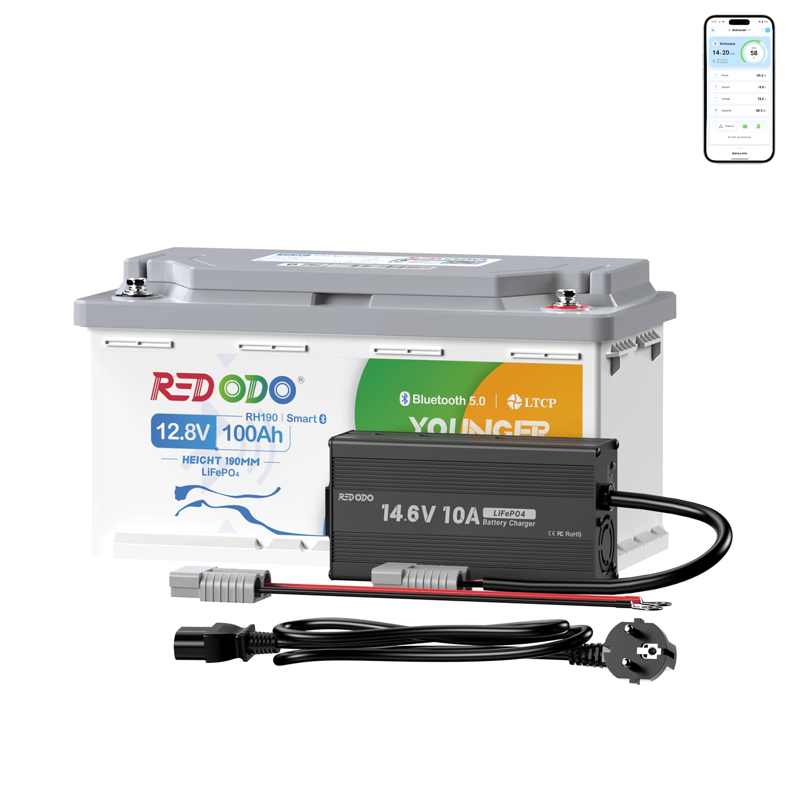 Redodo 12 V 100 Ah Bluetooth LiFePO4 bateria z ładowarką 12 V 10 A Lifepo4, akumulator litowy o niskim cyklu 1280 Wh, z inteligentnym BMS, idealny akumulator ołowiowy do kampera, RV