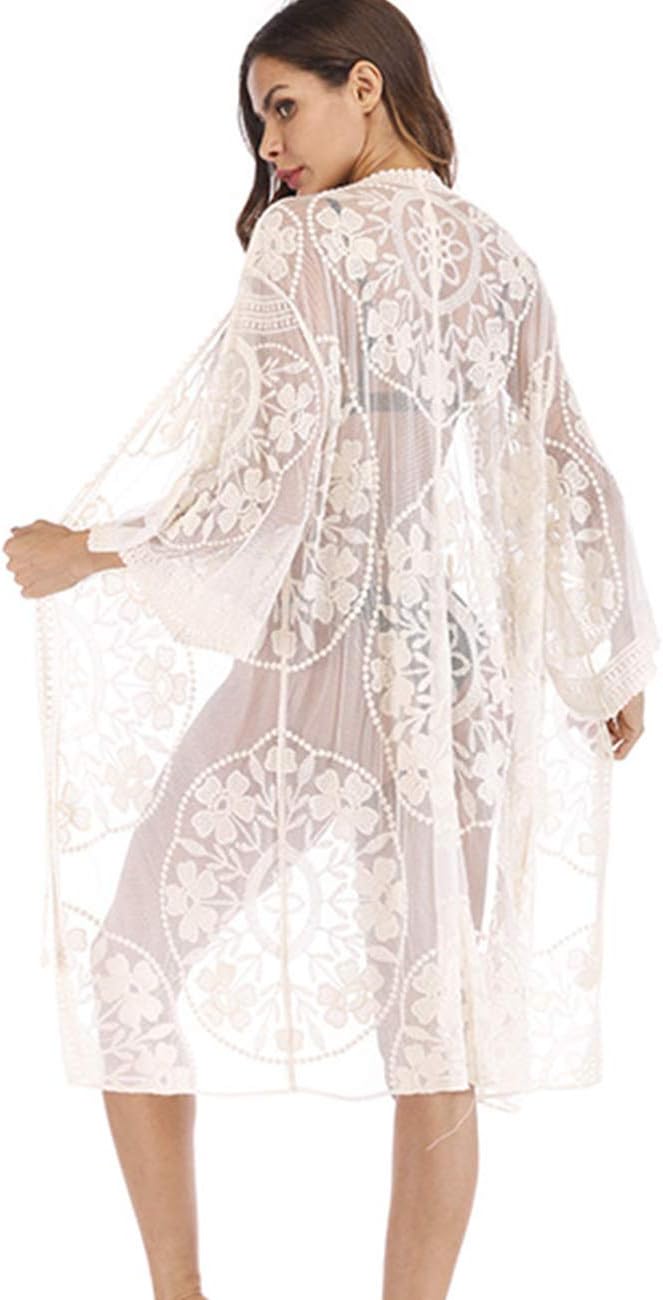 Women's Lace Cardigan Floral Crochet Sheer Beach Cover Ups Long Open Kimono - Image 2