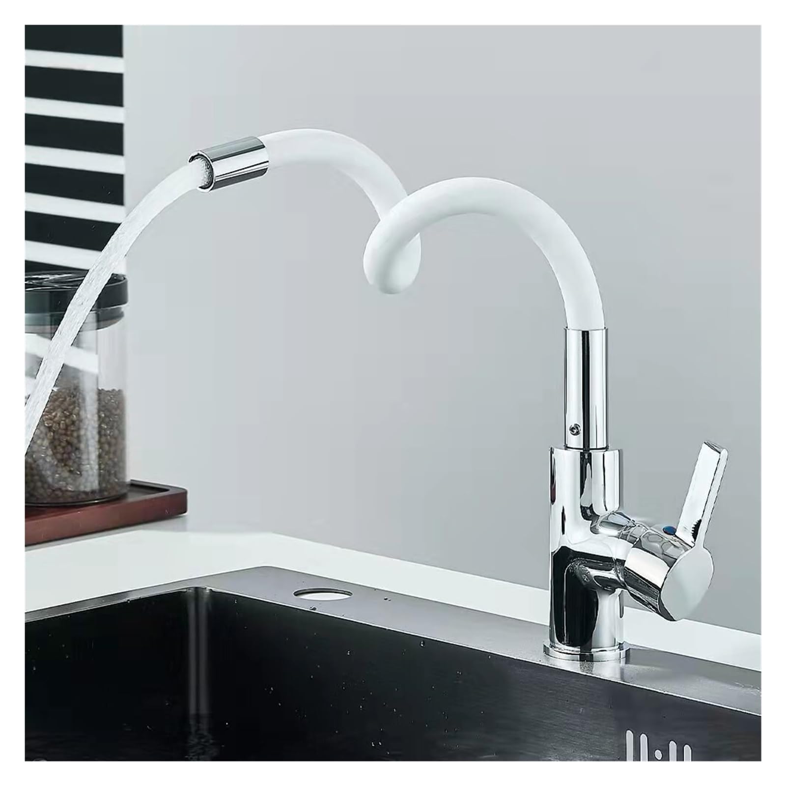 Robinet de cuisine blanc à arc pour évier moderne avec flexible silicone souple - 6