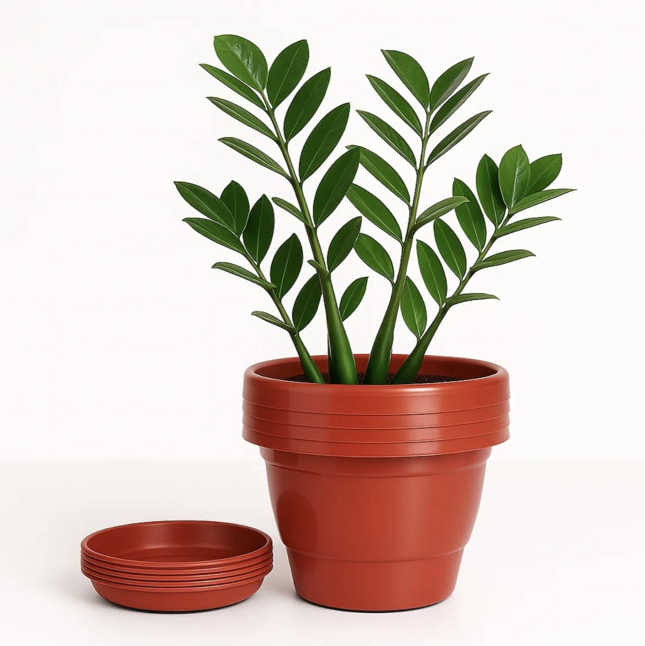 Kraft Seeds by 10CLUB Gamla Pots with Bottom Plates - 5 Pcs (8 Inch, Red) | Garden Planters with Drain Holes for Home Plants | Outdoor Balcony | Drip Tray Pot | Plastic Pots with Drainage Holes