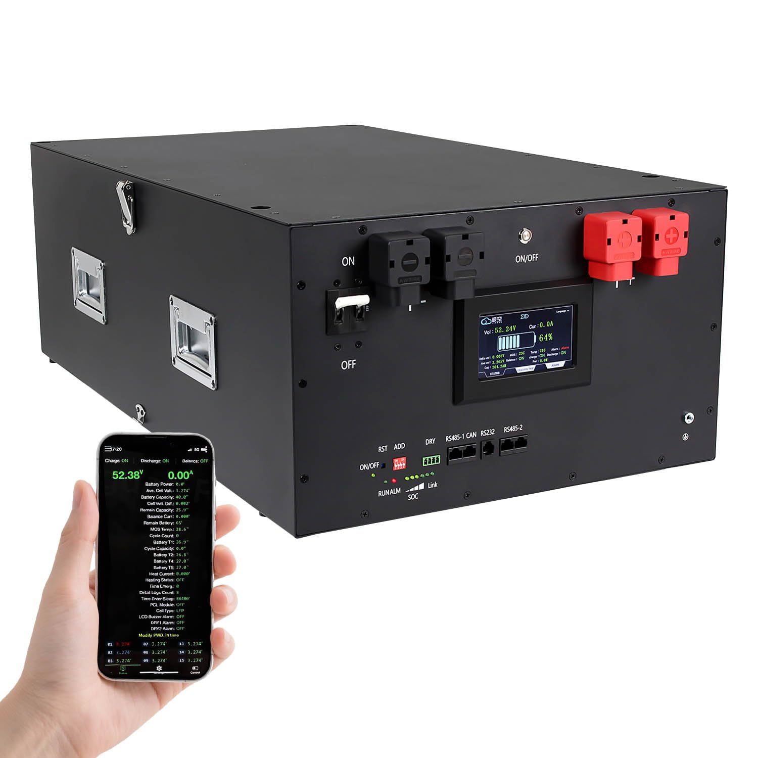 51.2/48V Lifepo4 Battery DIY Box Kit 280/300/314/320Ah, 200A Bluetooth Embedded BMS Whit Peak Shaving, Backup Power & PV Self-Use IP21 for RV, Camping, Marine, Cabins, and Home Appliances