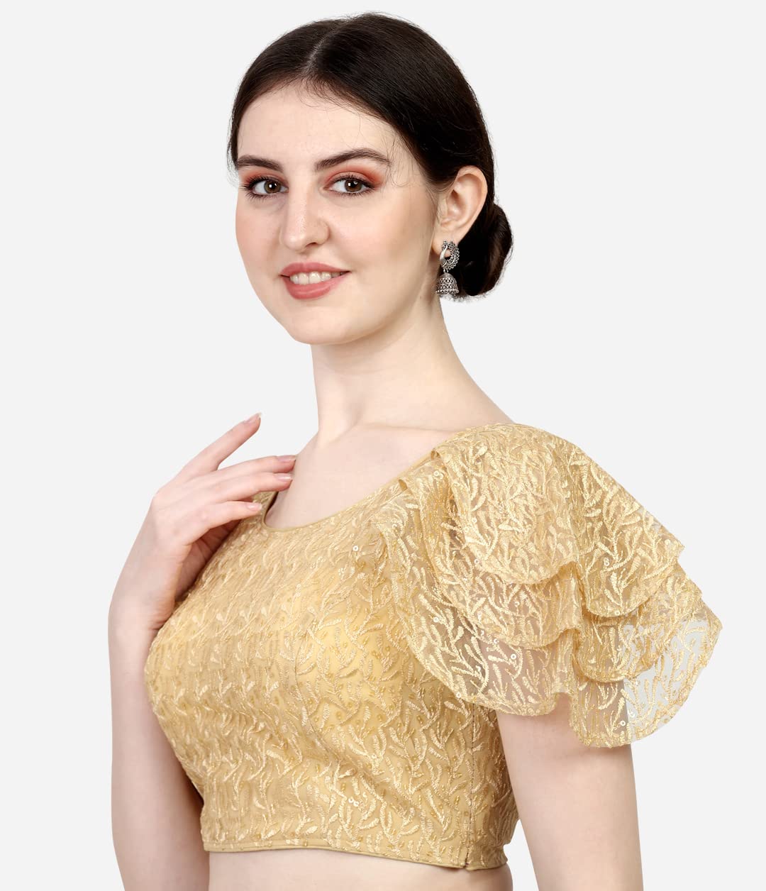 Pujia Mills Women's Shipali Net Work Ruffle Sleeves Readymade Saree Blouse