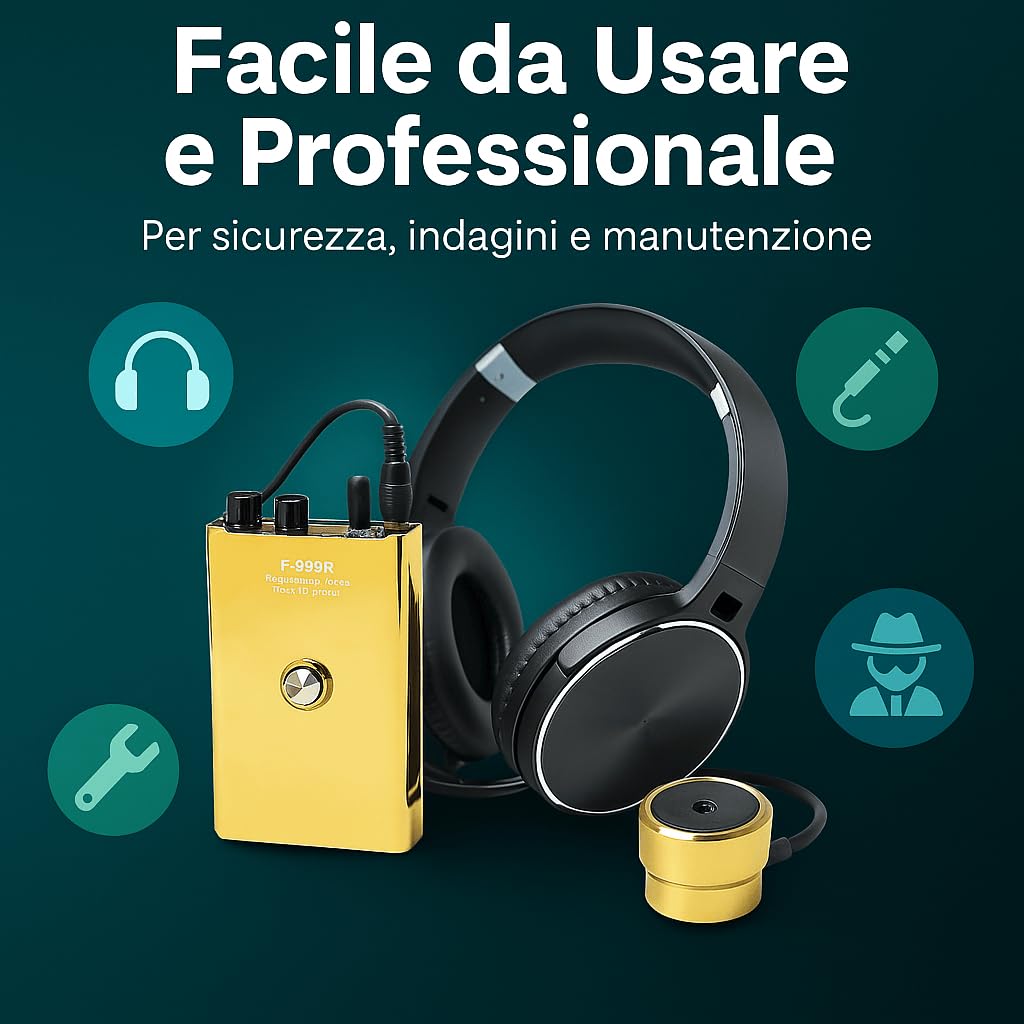 Microfono da Parete Professionale per Ascoltare Attraverso i Muri - Sistema con Filtri Avanzati, Microfono ad Ago e Uscita Registrazione - Ideale per Casa, Ufficio e Sicurezza (F999R Gold)