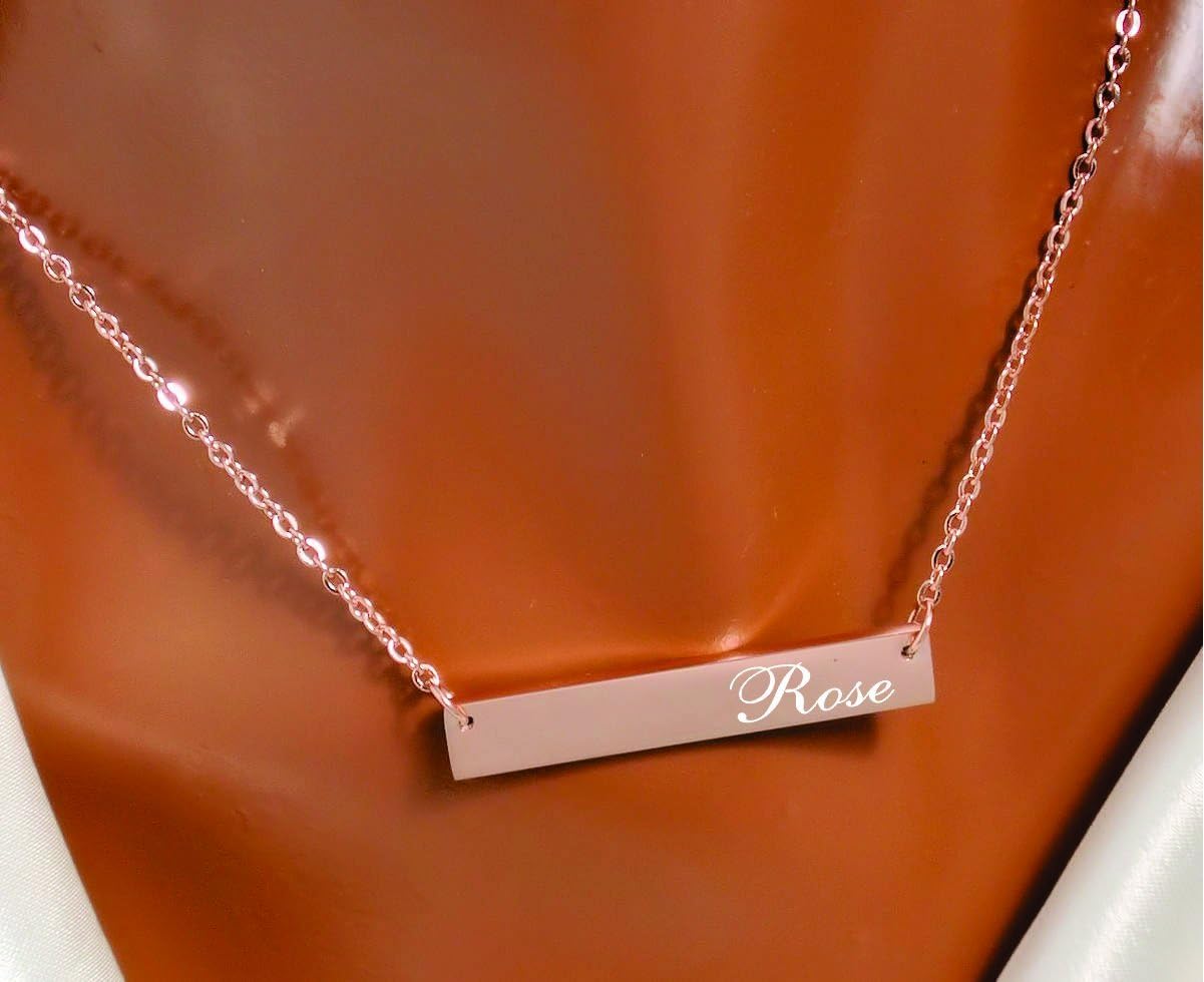 A & L Engraving Personalized Stainless Steel Rose Gold Monogrammed Name Bar Necklace Charm & Chain Nameplate Custom Engraved Free - Ships from USA