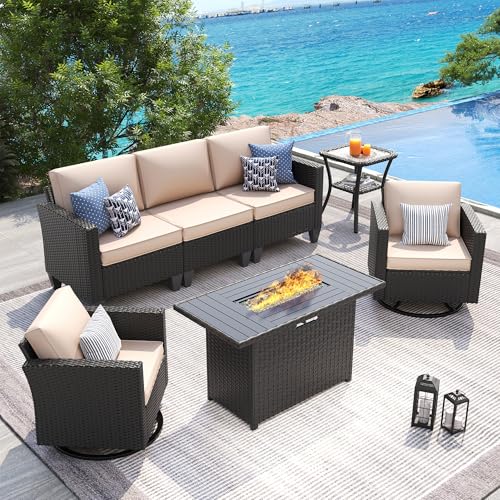 Image of UDPATIO Patio Furniture Set with Fire Pit Table, Rocking Swivel Chairs, 5 Pieces Outdoor Furniture Sets, All-Weather Wicker Outdoor Sectional Sofa with Waterproof Cover, 4'' Thickened Cushion, Khak