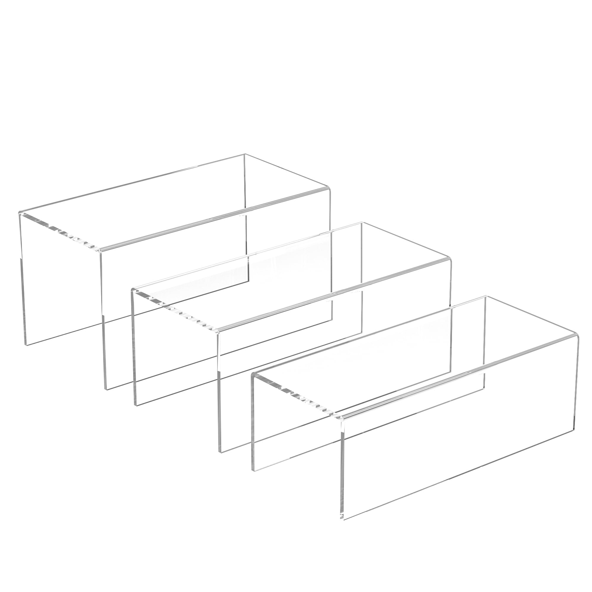 Sezanrpt Clear Display Risers Shelf 3Pcs, Countertop Rectangular Acrylic Display Storage Organizer, Acrylic Stands For Funko Pop Figure, Cosmetics, Bags, Shoes, Toys, Collectibles - 12- 4'', 5'', 6''