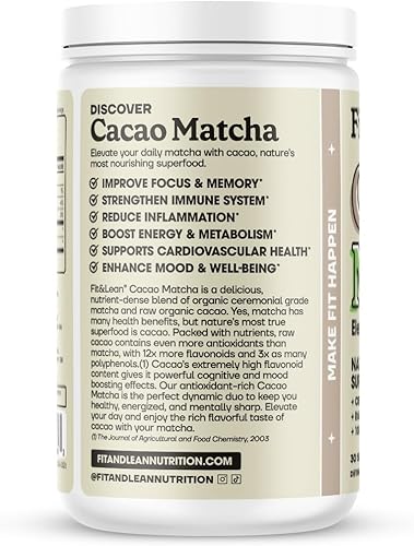 Miniatura 2 de Fit & Lean Cacao Matcha té verde en polvo, orgánico, grado ceremonial japonés, superalimento, antioxidantes, energía, estado de ánimo, 3.70 oz, 30