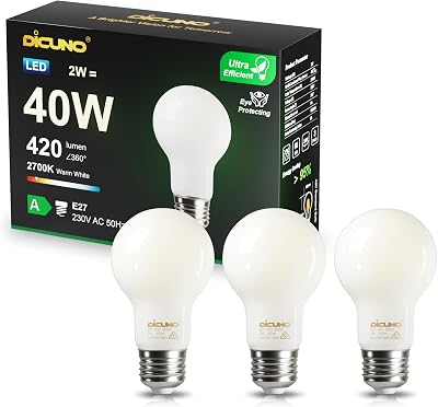 DiCUNO Bombilla LED Ultra Eficiente E27 2W, equivalente 40W, Clase de energía A, Blanco cálido 2700K, 420lm, Lámparas LED filamento Edison, A60 de bajo consumo, No Regulable, Vidrio, 3 Piezas          [Clase de eficiencia energética A]