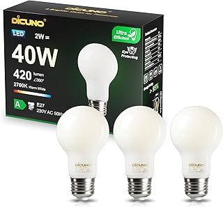 DiCUNO Ampoule LED Ultra Efficient E27 2W, équivalent 40W, Classe énergétique A, Blanc chaud 2700K, 420lm, Ampoule E27 économie d'énergie, LED A60 filament edison, Non-Dimmable, Verre, 3 Pièces