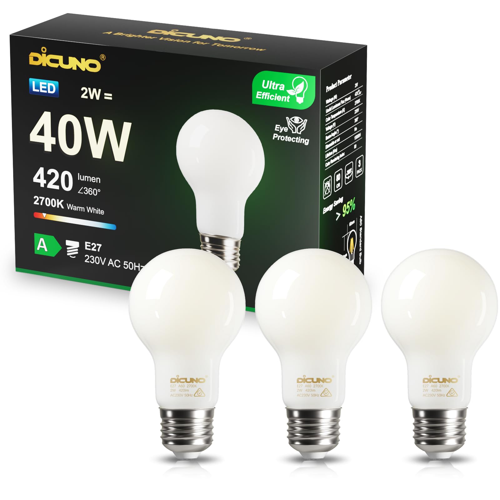 DiCUNO E27 Edison Screw Light Bulb, 2W (40W Equivalent), Glass Filament Bulb A60, Energy Efficient A Class LED, 2700K, 420LM, Non-dimmable, 3 Pcs โ image 1