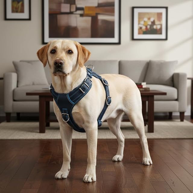 Foto 3 de 5 de JACK AND VANILLA, Arnés de Piel, Resistente para Perros, Ajuste Personalizado 40-60 cm, Color Azul