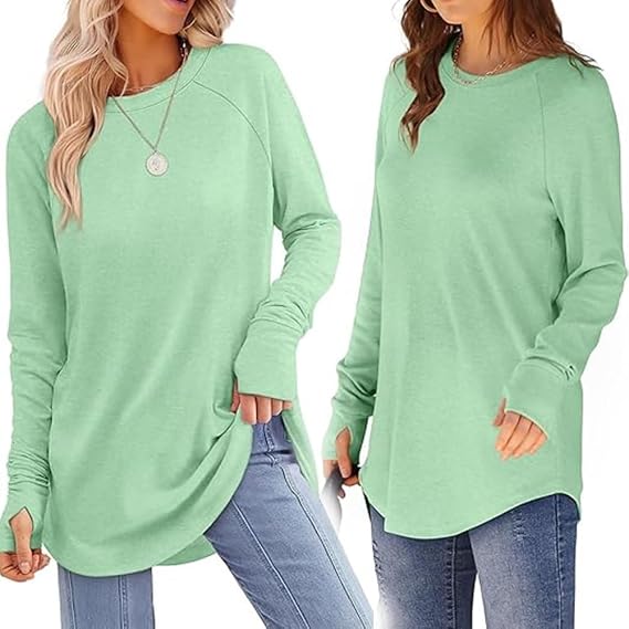 Fertilvrsus Womens Tunic Tops to Wear with Leggings Long Sleeve Thumb Hole Shirts Crew Neck Curved Hem
