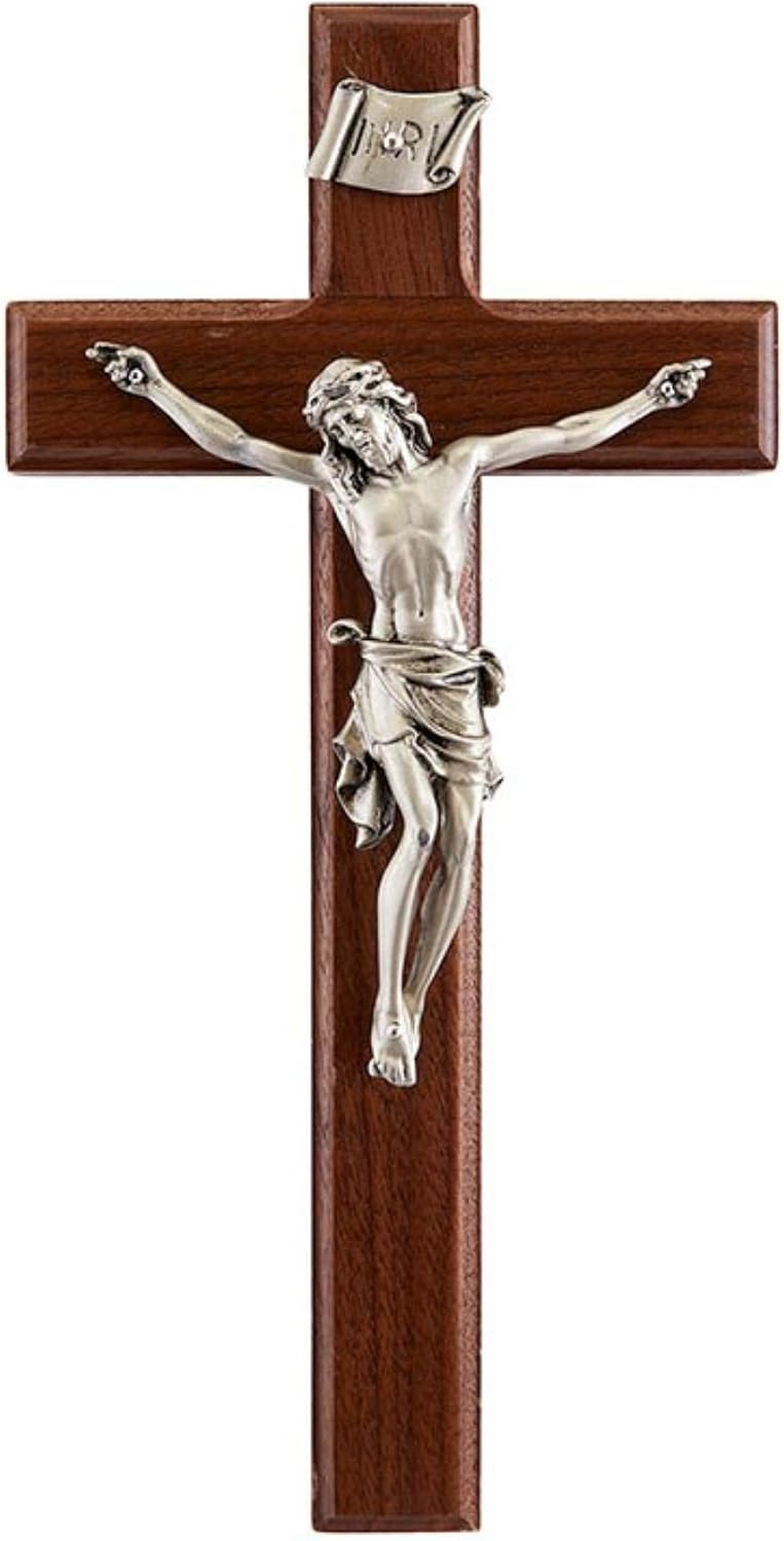 Wooden Walnut Wall Cross Crucifix with Pewter Jesus Christ Corpus, Catholic Decor, 10 Inch