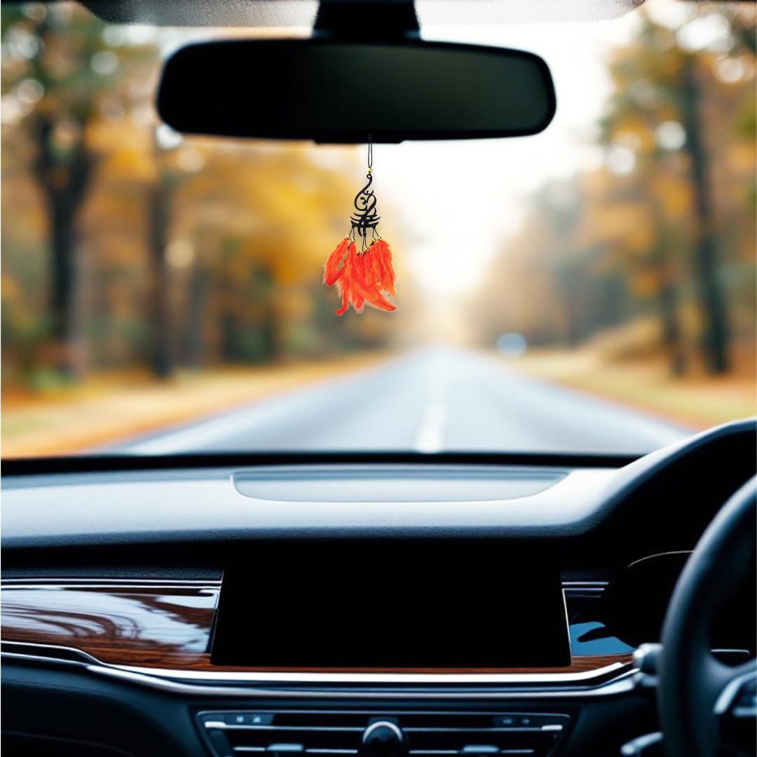 Jiyu Creation Car Hanging Ornament om-Orange | Dream Catcher for Positive Energy | Rearview Mirror Charm | Home and Temple Decor | Durable Acrylic with Original Feathers-image-25