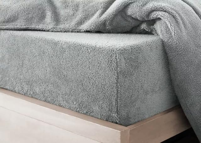 Hendem® Teddy Bear Extra Deep Fitted Sheet Warm Plush And Cosy Deep Fleece sheets (Silver, Double)