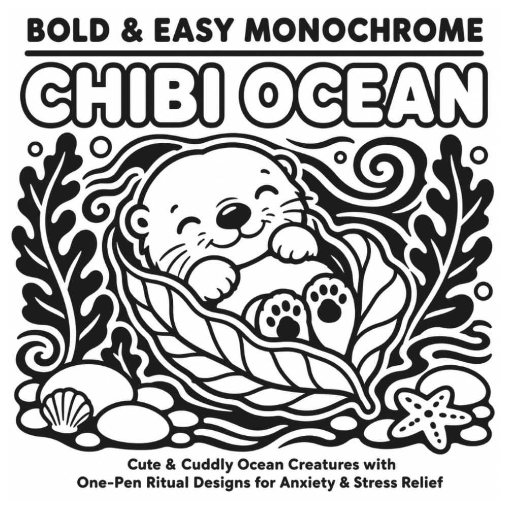 Chibi Ocean: A Bold & Easy Monochrome Coloring Book | Cute & Cuddly Ocean Creatures with One-Pen Ritual Designs for Anxiety & Stress Relief