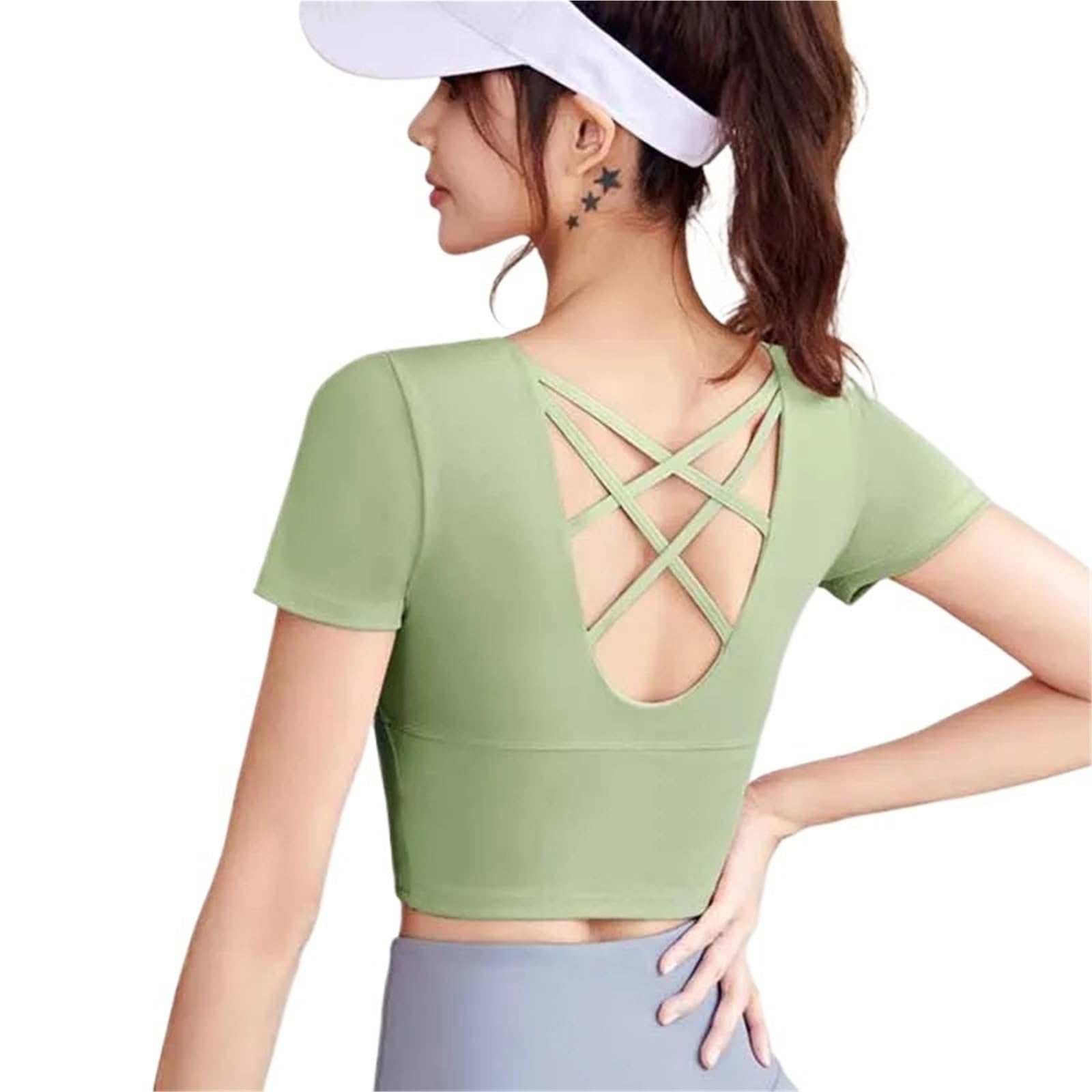 T-Shirts Et Tops De Sport Femme Chemises de Sport à Dos croisé for Femmes, col Rond, Manches Courtes, Hauts de Yoga, Fitness, vêtements d'entraînement, Dos Nu, Slim Fit(Green,M)
