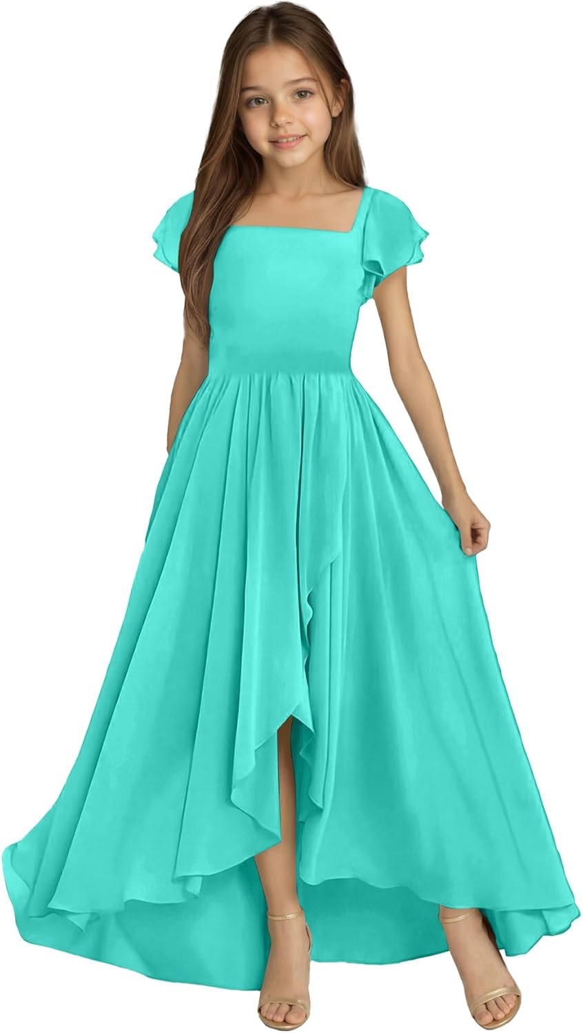 Rjin Flutter Sleeves Junior Bridesmaid Dress Chiffon Flower Girl Dresses for Wedding A-Line Girls Formal Party Pageant Dress