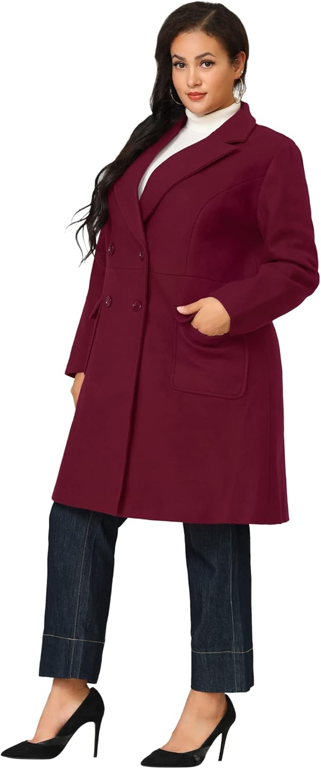 Agnes Orinda Women's Plus Size Long Winter Coats Notch Lapel Double Breasted Pea Trench Coats - Image 5
