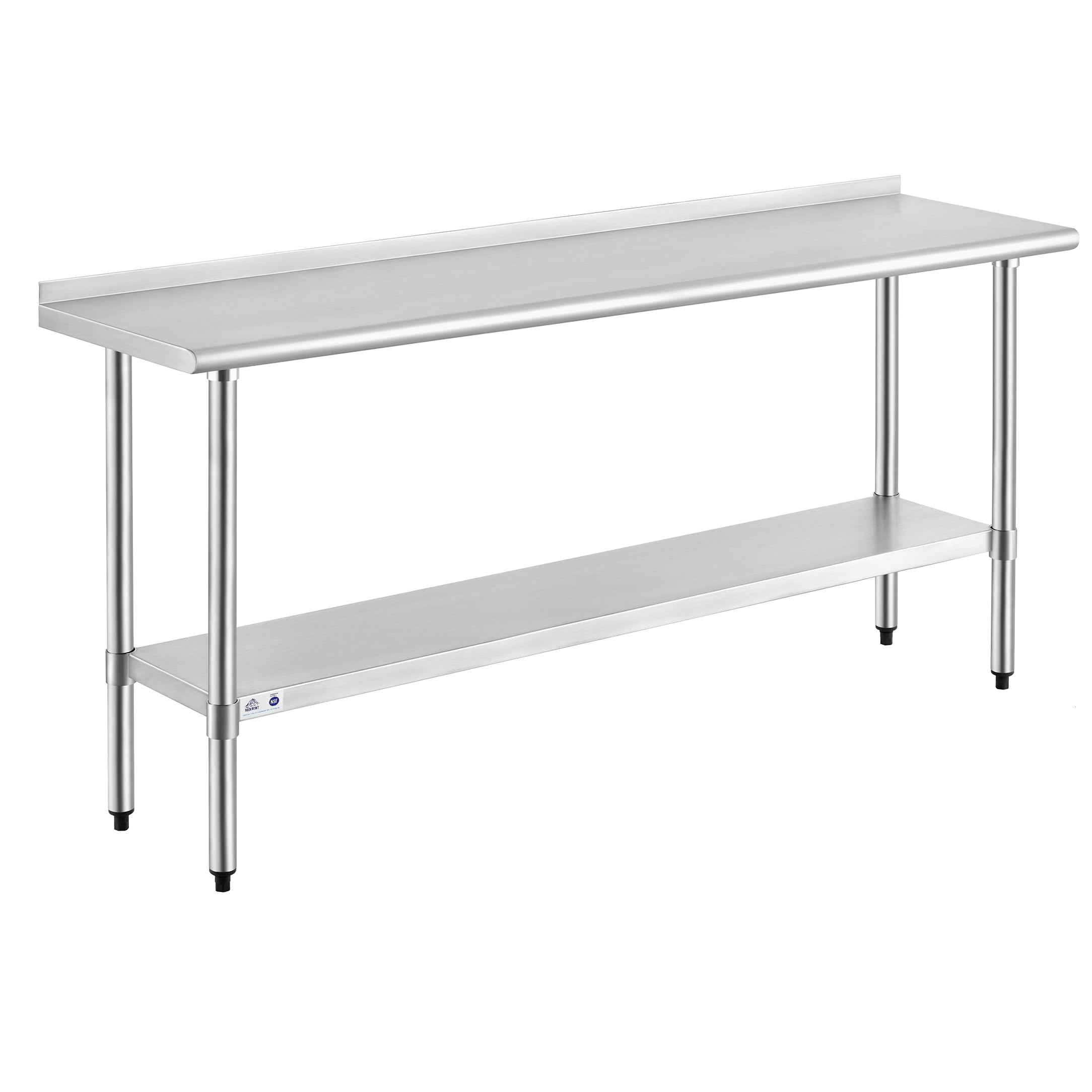 ROCKPOINT Stainless Steel Table for Prep &amp; Work with Backsplash 18x72 Inches, NSF Metal Commercial Kitchen Heavy Duty Table with Adjustable Under Shelf and Table Foot for Restaurant, Home and Hotel