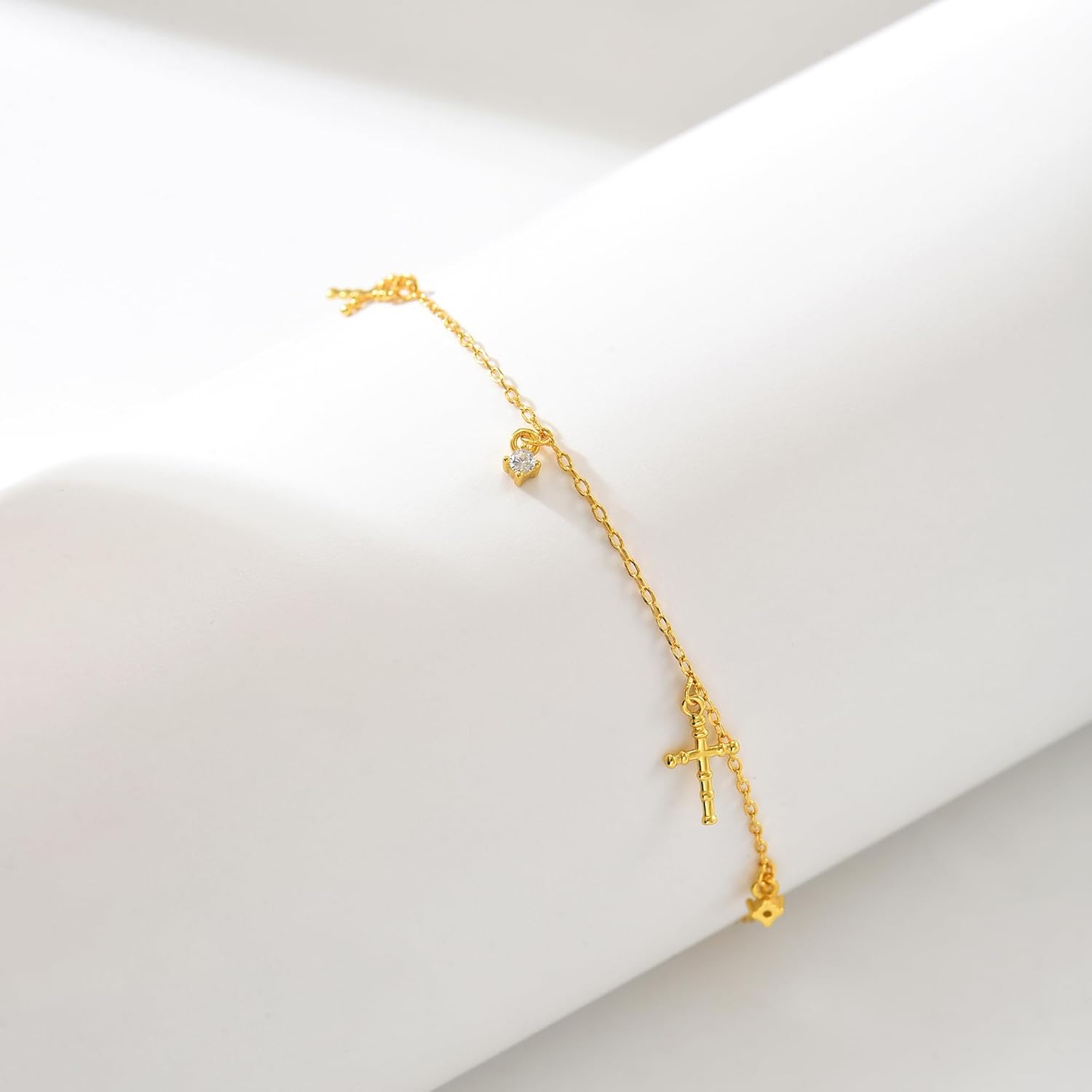 Dainty Gold Plated Double Cross Bracelets with Cubic Zirconia for Women 925 Sterling Silver CZ Charm Bracelet Friendship Christian Baptism Religious Link Chain Jewelry Gifts to Daughter