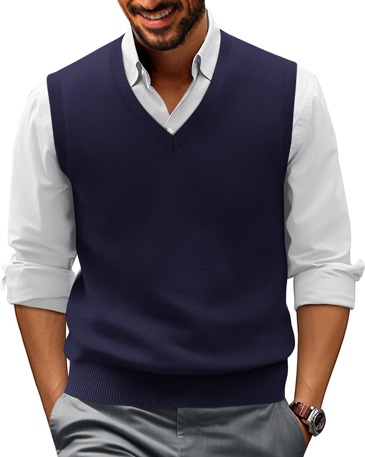 Mens V-Neck Knitted Sweater Vest Solid Plain Sleeveless Pullover Knitwear