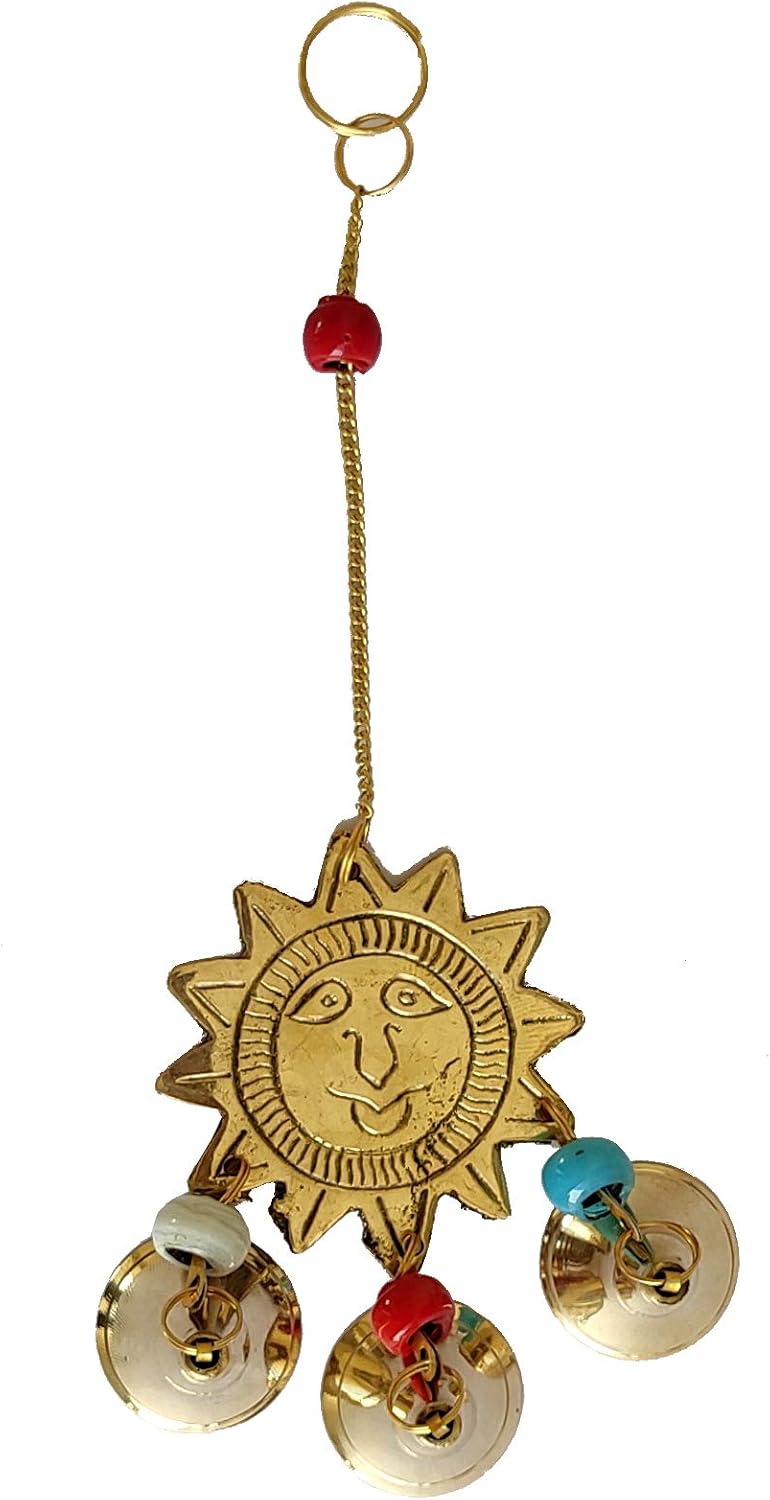 Purpledip Brass Wall Hanging Sun: Tinkling Bells Wind Chimes (12215)