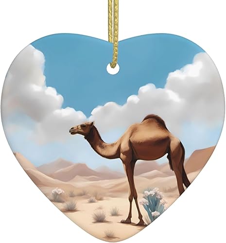 Walking Camel Ceramic Heart Pendant with Hole and Gold Rope for Christmas New Year Home Hanging Decoration