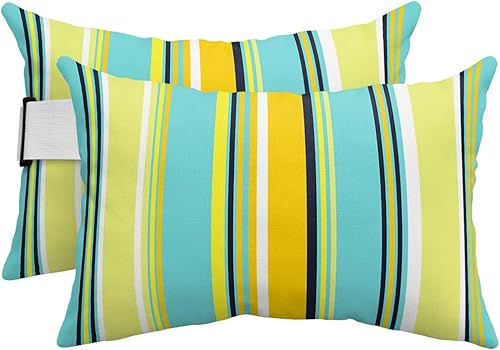 Juego de 4 fundas de almohada lumbar, a rayas azules y amarillas, impermeables, con correa elástica, fundas de almohada para reposacabezas de color