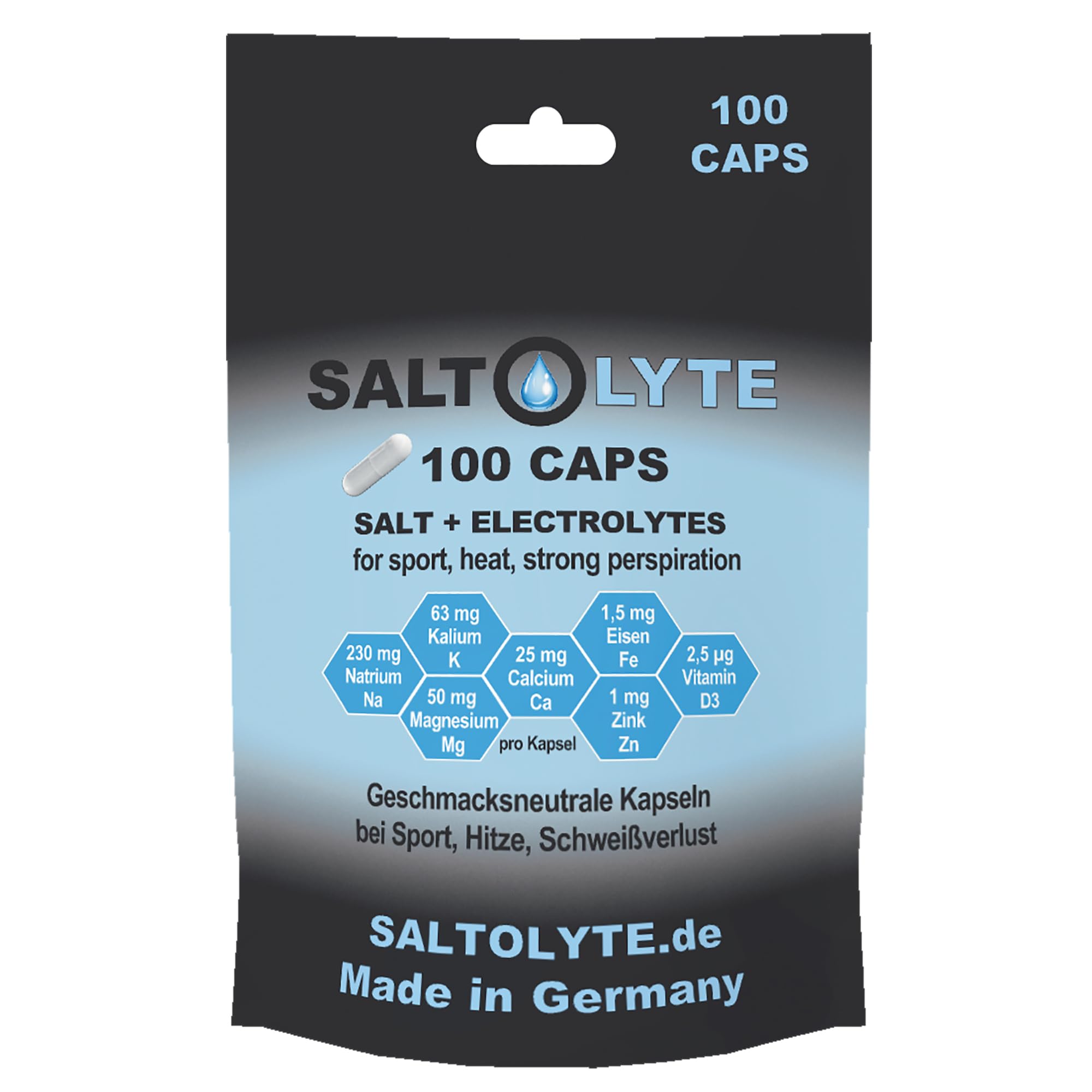 100 CAPS Salz- & Elektrolytkapseln mit Natrium, Kalium, Magnesium, Calcium, Eisen, Zink und Vitamin D3 für normale Muskelfunktion & Energiestoffwechsel