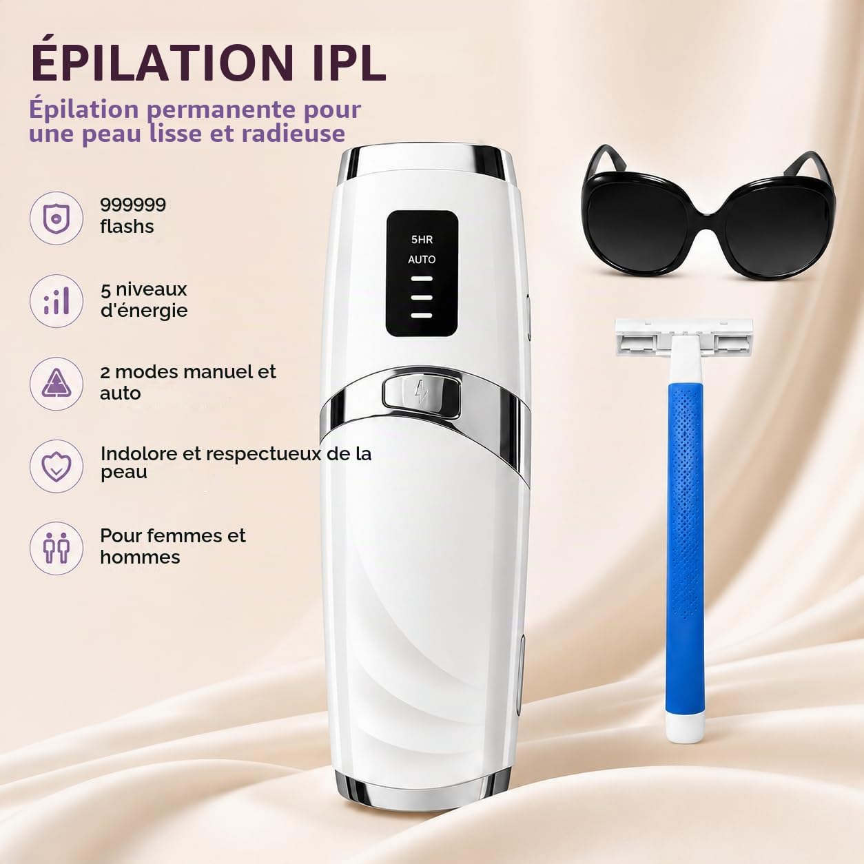 Epilateur Electrique Femme, IPL avec Controle de Temperature, Epilateur Lumiere Pulsee, Pour Visage, Aisselles Et Corps, kit Epilation Cire,Double Mode Manuel Et Automatique, Blanc perlé