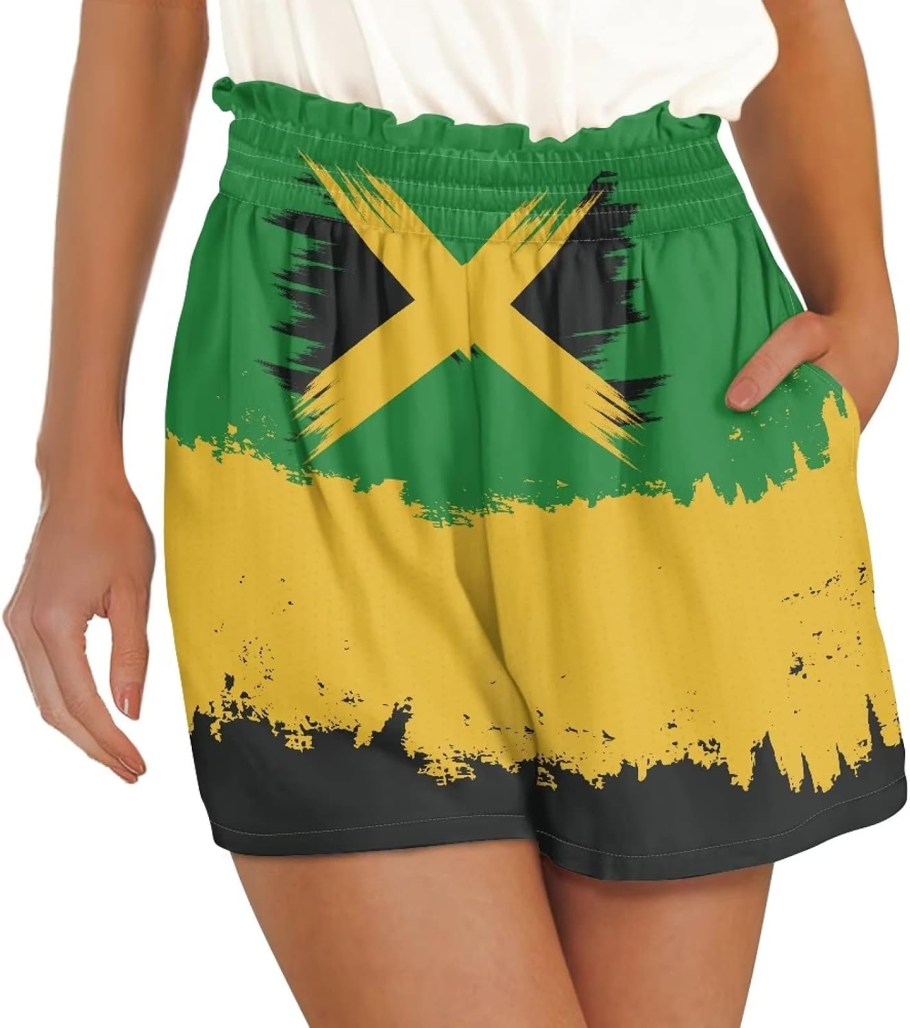 POLERO Jamaica Flag Shorts for Women Trendy Summer Elastic Waist Shorts Pocketed Pants Casual Beach Shorts