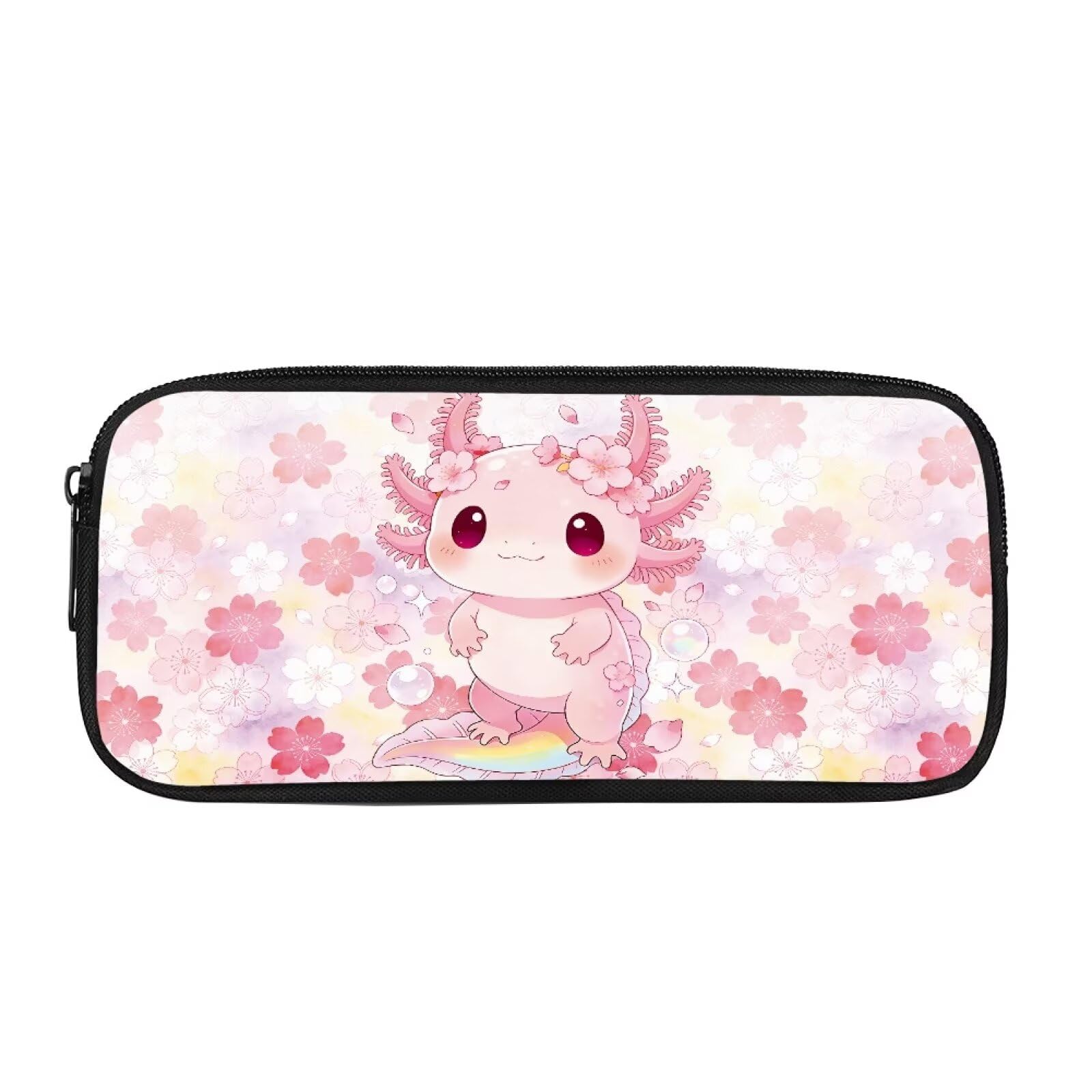 HUGS IDEA Pastel Sakura Axolotl Pencil Case Soft Tone Pencil Pouch Durable Zipper Stationery Holder Portable Pen Box for Gentle Girls Teens Art School Office Travel Storage