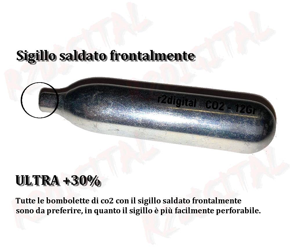 r2digital - BOMBOLETTE ULTRA CO2 12Gr contenuto 25 pezzi +30% PERFORAZIONE MIGLIORATA OTTIMIZZATA PER CUSTOM ARIA COMPRESSA SOFTAIR GAS BOMBOLETTA RICARICA
