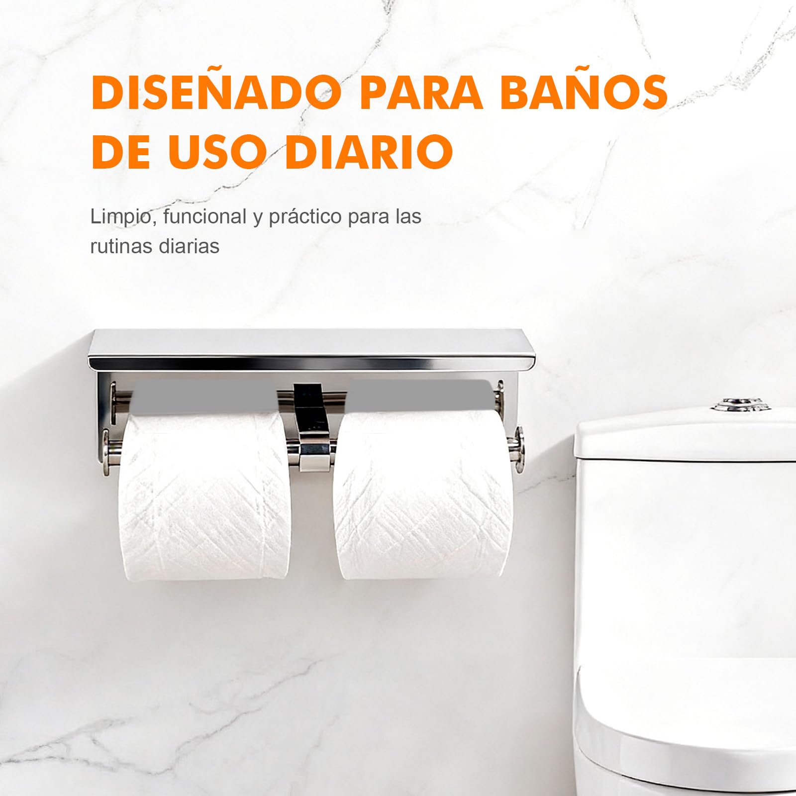 Ibergrif Portarrollos de Papel Higiénico Doble con Estante, Soporte Papel Higiénico de Acero Inoxidable para Pared, Instalación Adhesiva o con Taladro, Portarrollos para Baño o Cocina, Plata