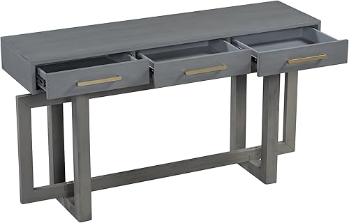 Miniatura 40 de Mesa consola de madera maciza de 48 pulgadas, mesa auxiliar moderna para sofá de entrada con 3 cajones de almacenamiento y 2 estantes. Fácil de