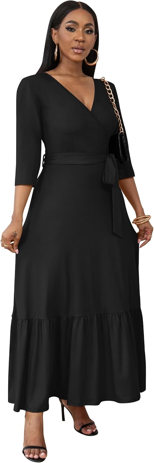 FANDEE Women Casual Summer Dresses 2024 Spring V Neck Ruffle 3/4 Sleeve Solid Boho Flowy Maxi Dress Black,XX-Large - Image 7